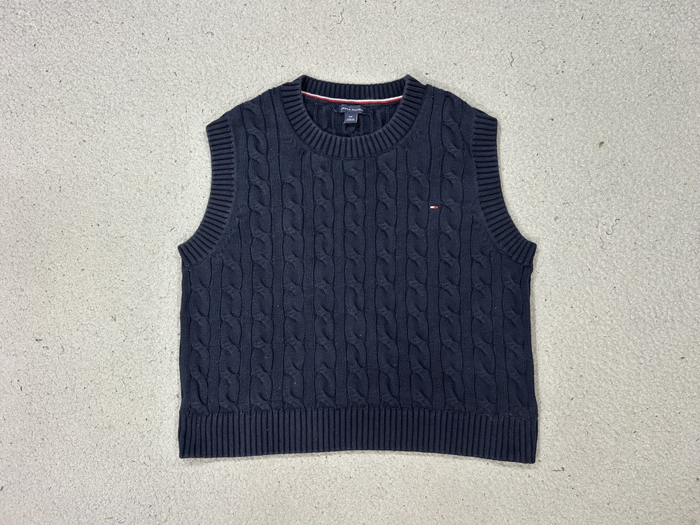 Tommy Hilfiger Sweater Vest Womens Small Blue Cable Knit Cotton Logo Crewneck